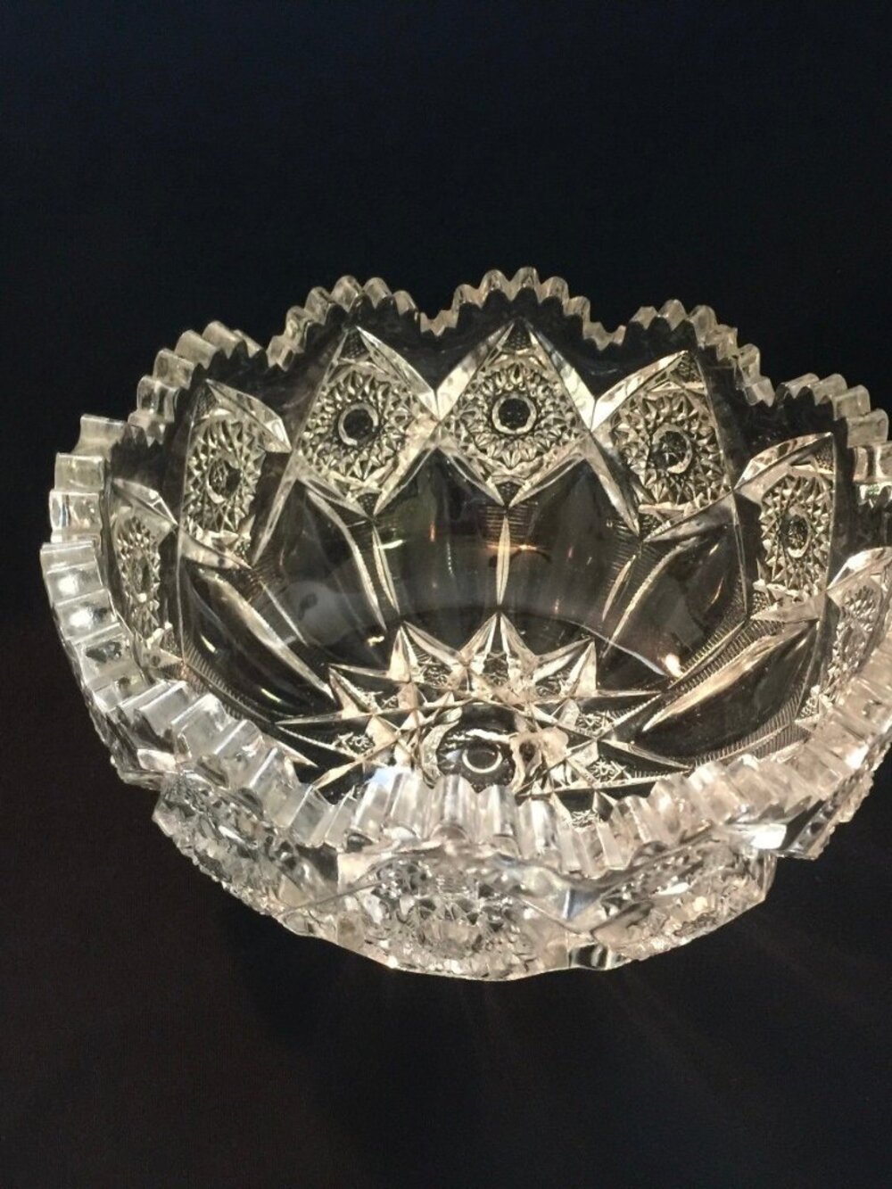 Vintage Cut Glass Crystal Bowl Sawtooth Rim Starburst Pattern Pressed Glass Dish